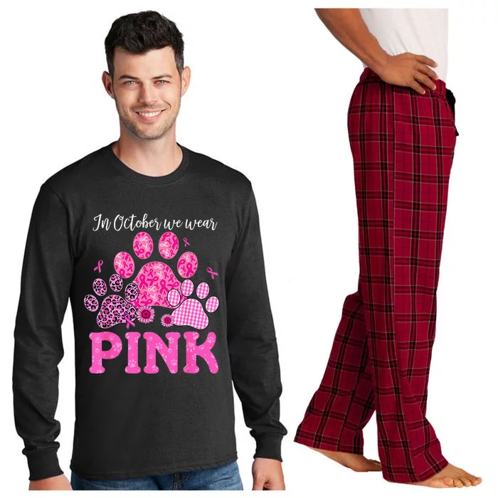 In October We Wear Pink Dog Cat Paw Breast Cancer Awareness Long Sleeve Pajama Set