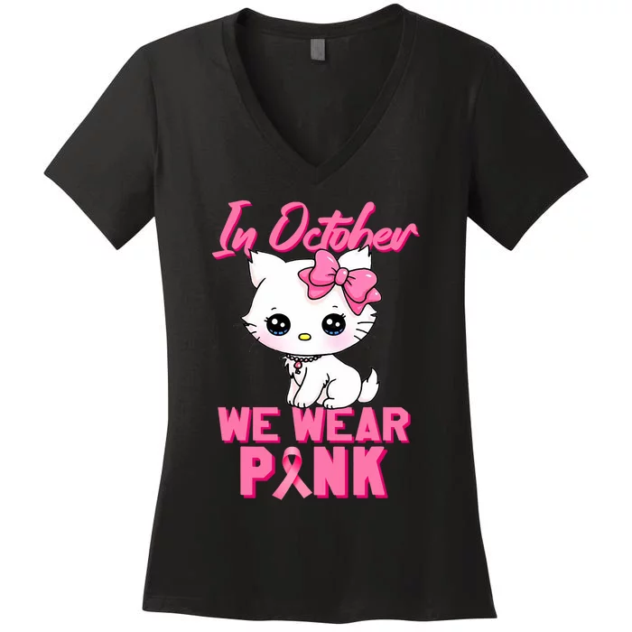 In October We Wear Cat Breast Cancer Awareness Women's V-Neck T-Shirt