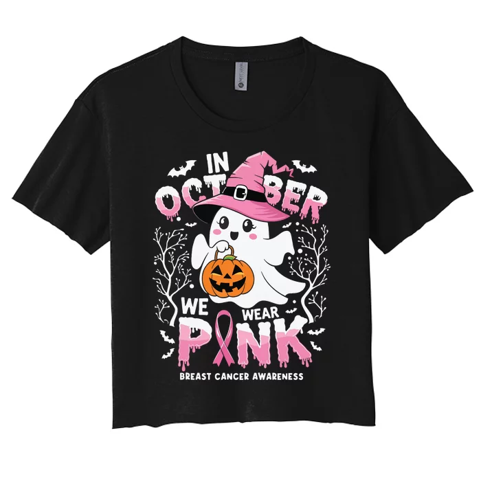 In October We Wear Ghost Witch Breast Cancer Awareness Women's Crop Top Tee