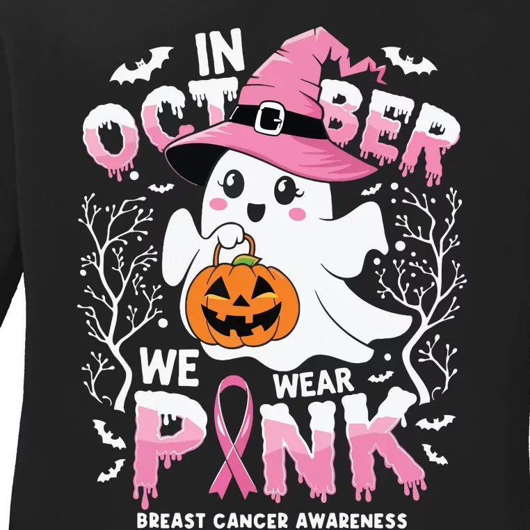 In October We Wear Ghost Witch Breast Cancer Awareness Ladies Long Sleeve Shirt