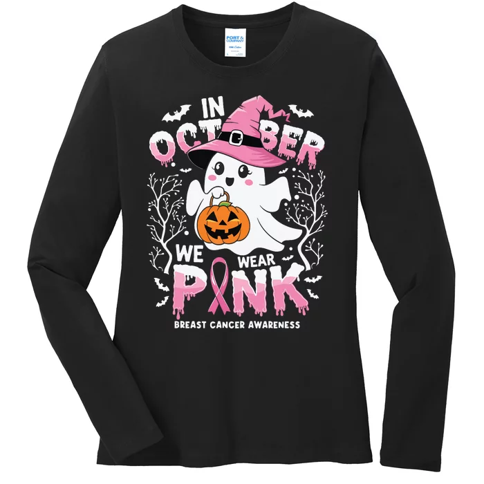 In October We Wear Ghost Witch Breast Cancer Awareness Ladies Long Sleeve Shirt