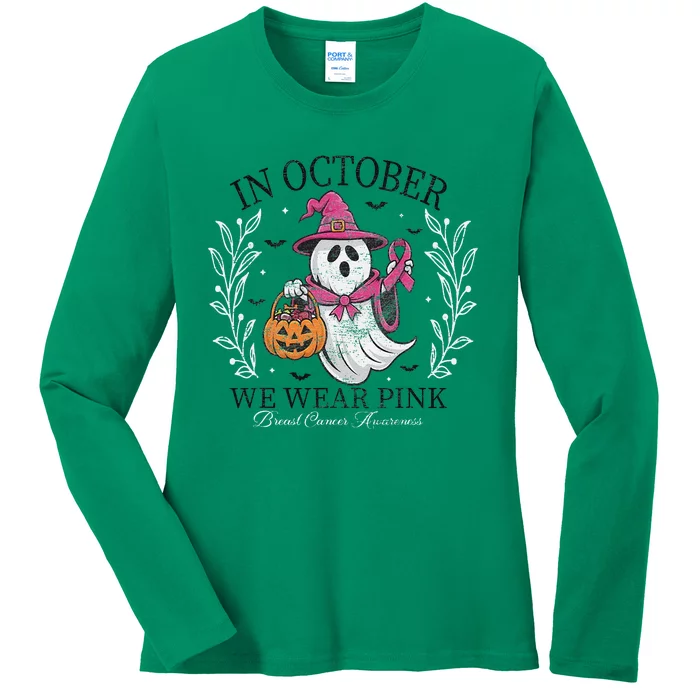 In October We Wear Pin.K Ghost Witch Breast Cancer Awareness Ladies Long Sleeve Shirt