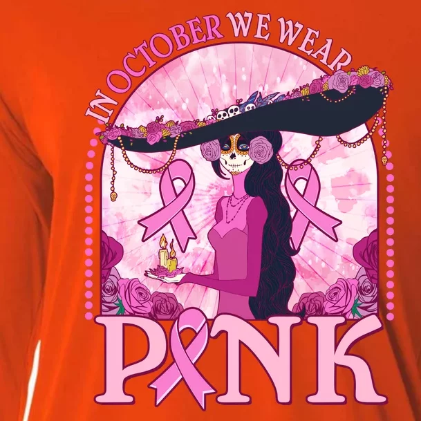 In October We Wear Pink Sugar Skull Lady Breast Cancer Awareness Cooling Performance Long Sleeve Crew