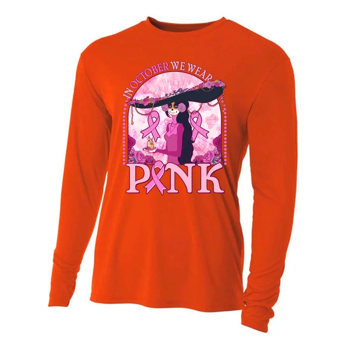 In October We Wear Pink Sugar Skull Lady Breast Cancer Awareness Cooling Performance Long Sleeve Crew