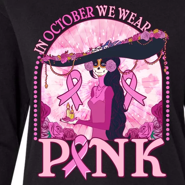 In October We Wear Pink Sugar Skull Lady Breast Cancer Awareness Womens Cotton Relaxed Long Sleeve T-Shirt