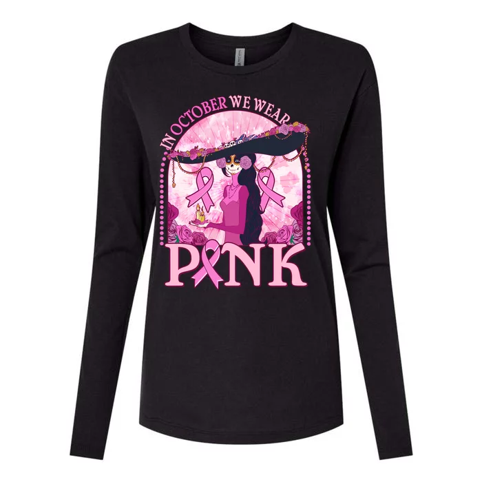 In October We Wear Pink Sugar Skull Lady Breast Cancer Awareness Womens Cotton Relaxed Long Sleeve T-Shirt