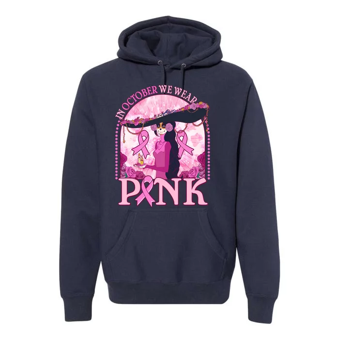 In October We Wear Pink Sugar Skull Lady Breast Cancer Awareness Premium Hoodie