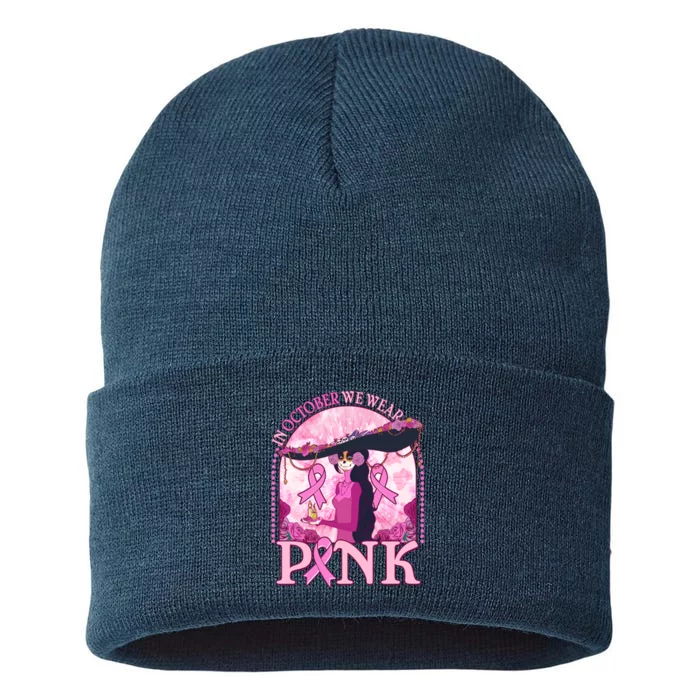 In October We Wear Pink Sugar Skull Lady Breast Cancer Awareness Sustainable Knit Beanie