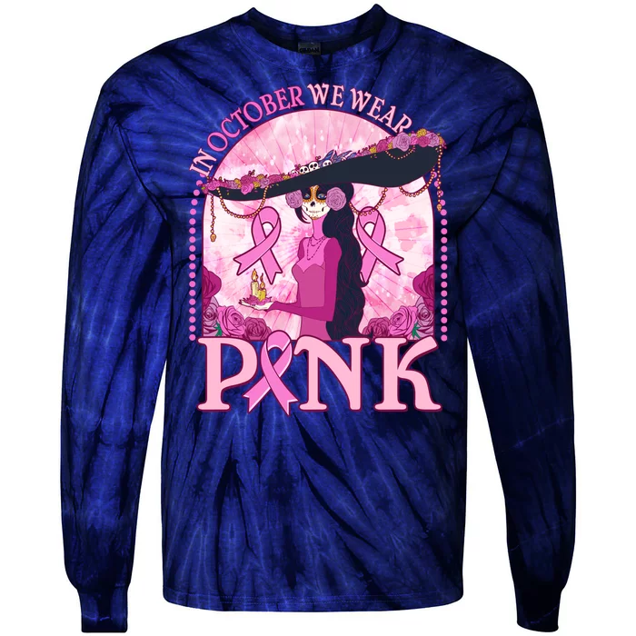 In October We Wear Pink Sugar Skull Lady Breast Cancer Awareness Tie-Dye Long Sleeve Shirt