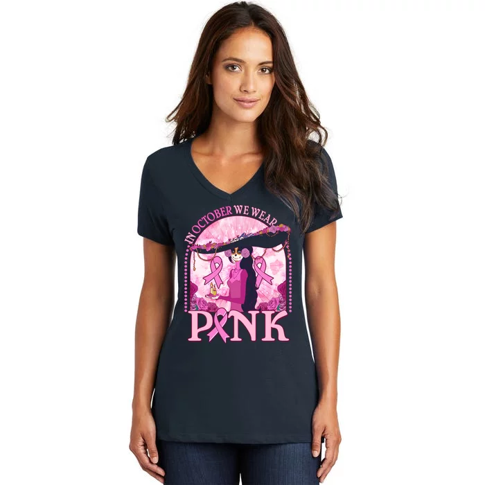 In October We Wear Pink Sugar Skull Lady Breast Cancer Awareness Women's V-Neck T-Shirt