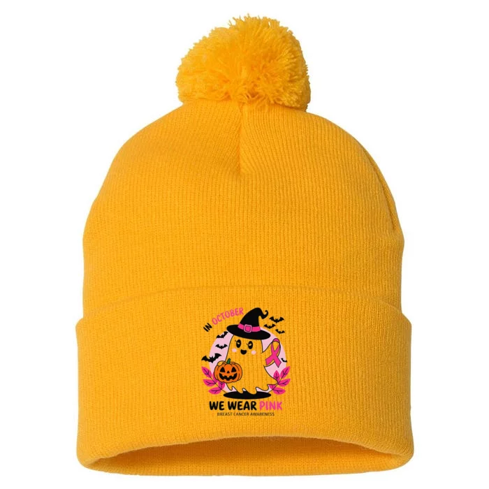 In October We Wear Pin.K Ghost Witch Breast Cancer Awareness Pom Pom 12in Knit Beanie