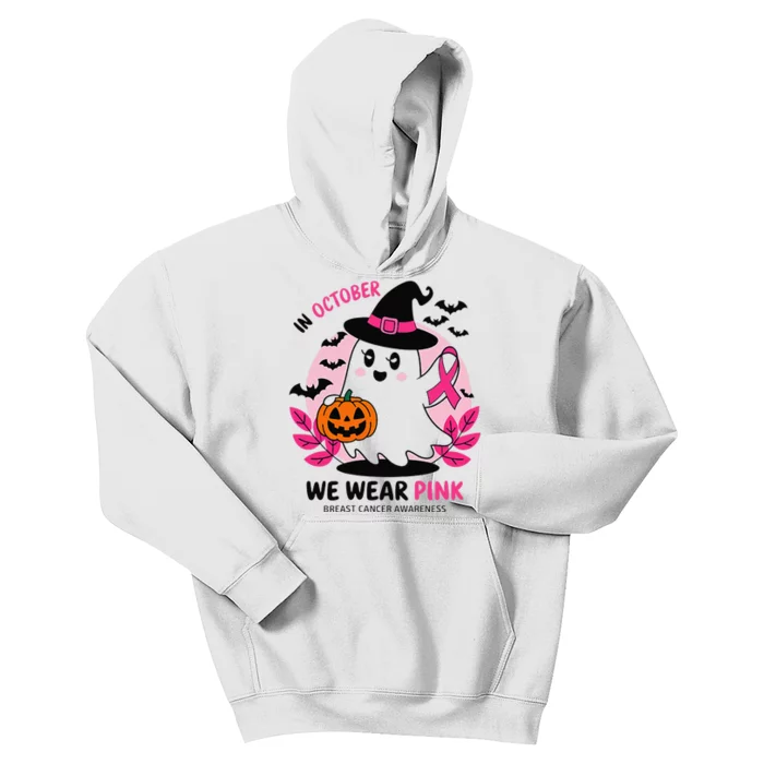 In October We Wear Pin.K Ghost Witch Breast Cancer Awareness Kids Hoodie