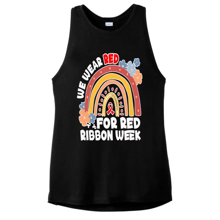 In October We Wear Red Week Ribbon Awareness Rainbow Ladies Tri-Blend Wicking Tank