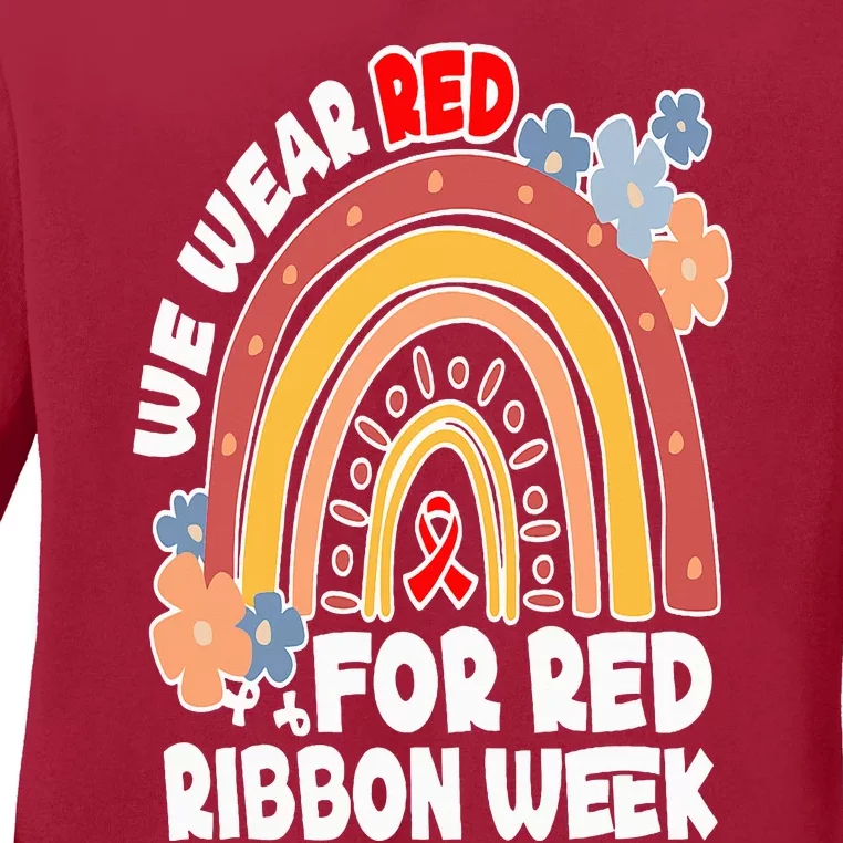 In October We Wear Red Week Ribbon Awareness Rainbow Ladies Long Sleeve Shirt