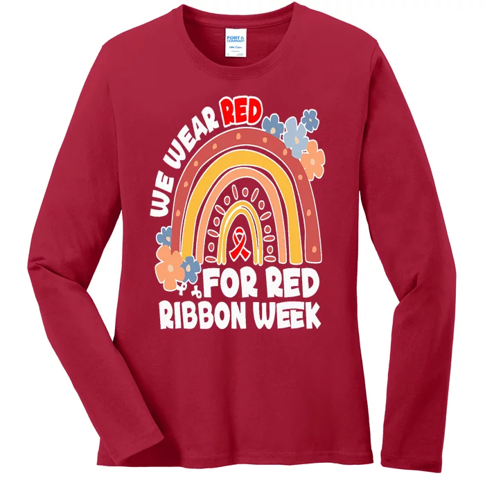 In October We Wear Red Week Ribbon Awareness Rainbow Ladies Long Sleeve Shirt