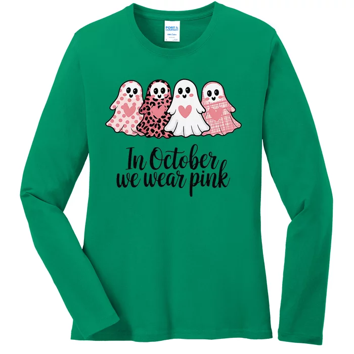 In October We Wear Pin.K Ghost Witch Breast Cancer Awareness Ladies Long Sleeve Shirt