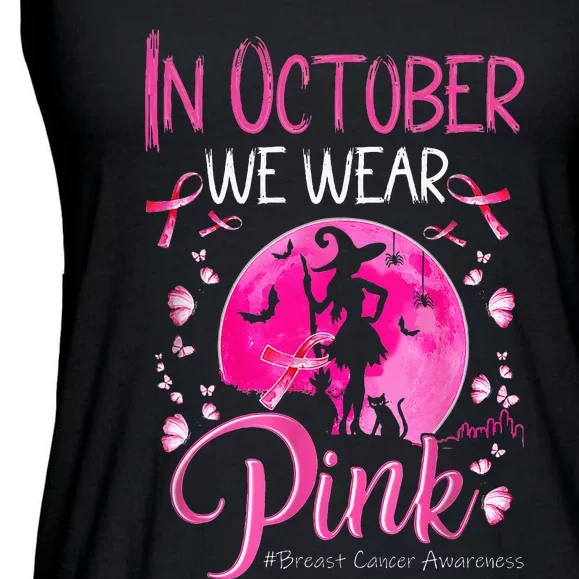 In October We Wear Ribbon Pink Halloween Witch Breast Cancer Ladies Essential Flowy Tank