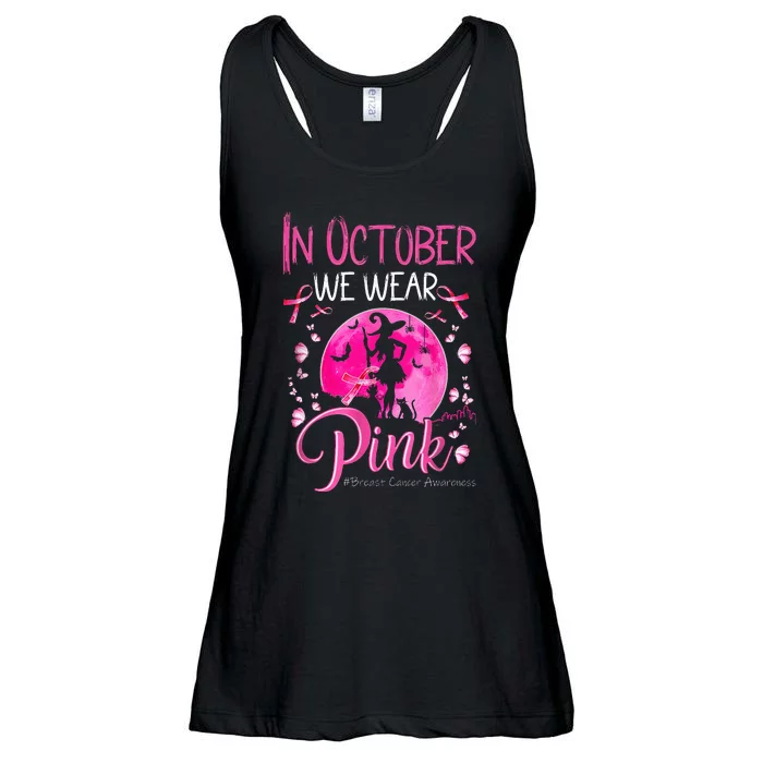 In October We Wear Ribbon Pink Halloween Witch Breast Cancer Ladies Essential Flowy Tank