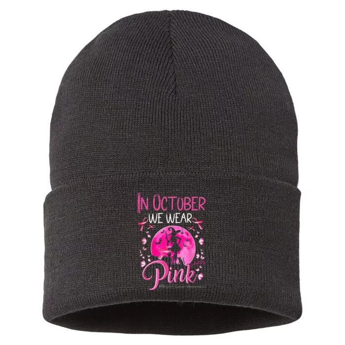 In October We Wear Ribbon Pink Halloween Witch Breast Cancer Sustainable Knit Beanie