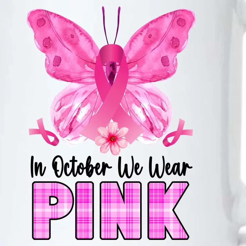 In October We Wear Pink Butterfly Ribbon Breast Cancer Black Color Changing Mug