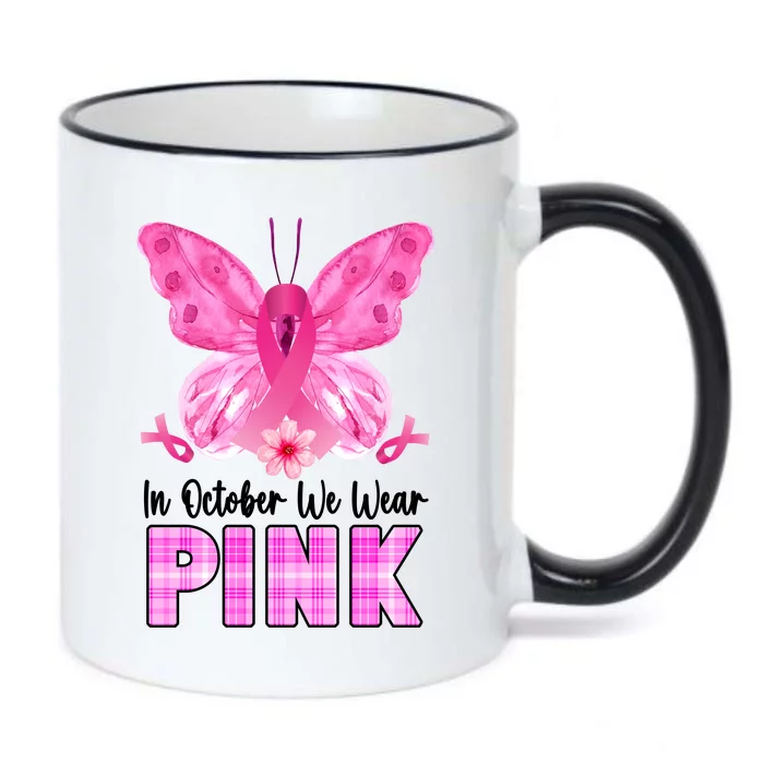 In October We Wear Pink Butterfly Ribbon Breast Cancer Black Color Changing Mug