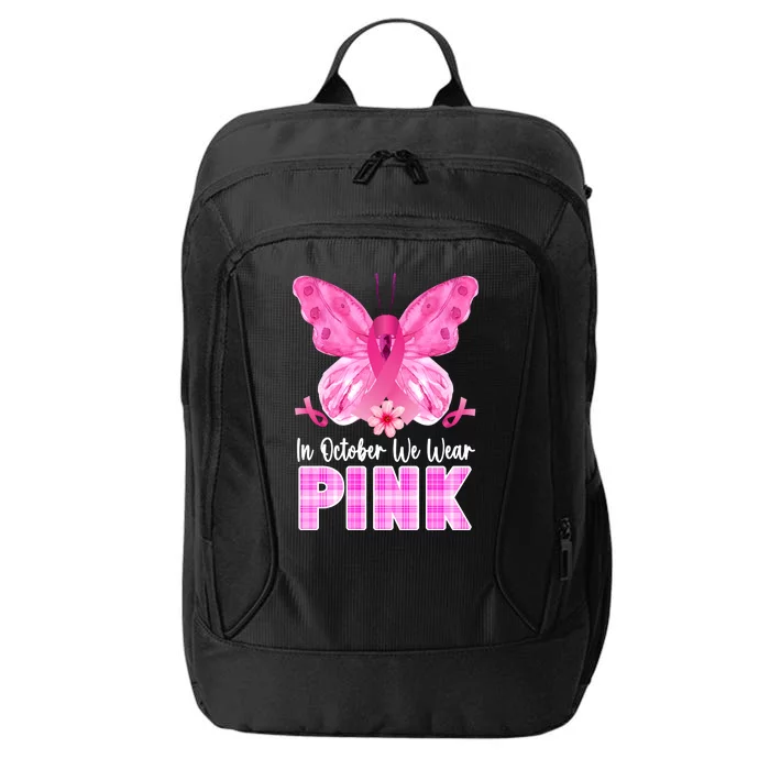 In October We Wear Pink Butterfly Ribbon Breast Cancer City Backpack