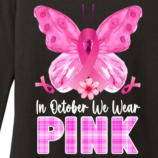 In October We Wear Pink Butterfly Ribbon Breast Cancer Womens CVC Long Sleeve Shirt