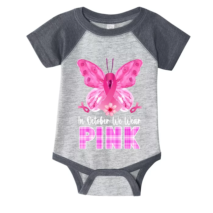 In October We Wear Pink Butterfly Ribbon Breast Cancer Infant Baby Jersey Bodysuit