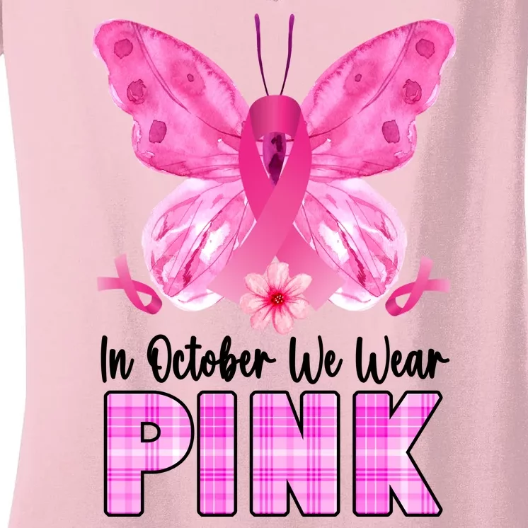 In October We Wear Pink Butterfly Ribbon Breast Cancer Women's V-Neck T-Shirt