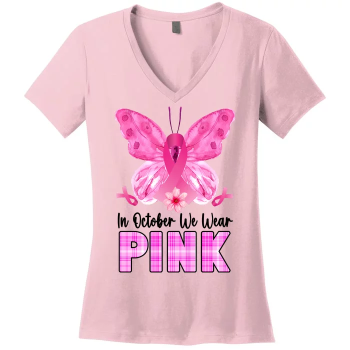 In October We Wear Pink Butterfly Ribbon Breast Cancer Women's V-Neck T-Shirt