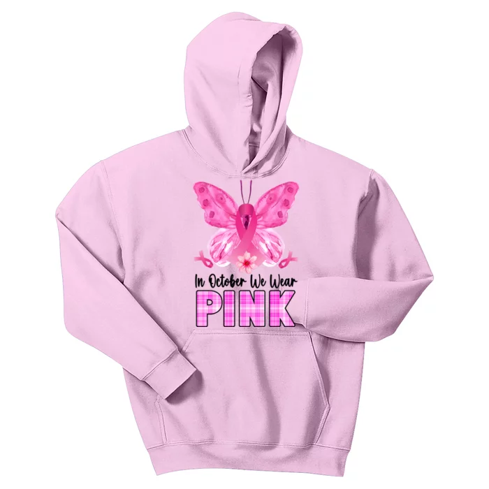 In October We Wear Pink Butterfly Ribbon Breast Cancer Kids Hoodie