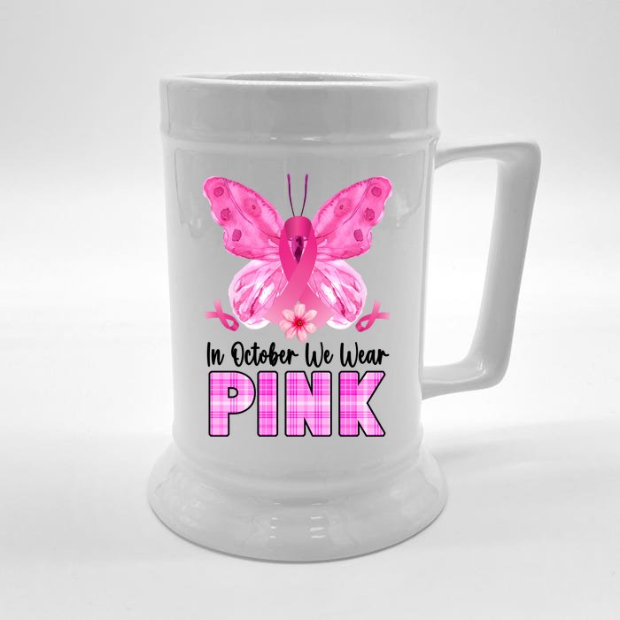 In October We Wear Pink Butterfly Ribbon Breast Cancer Front & Back Beer Stein