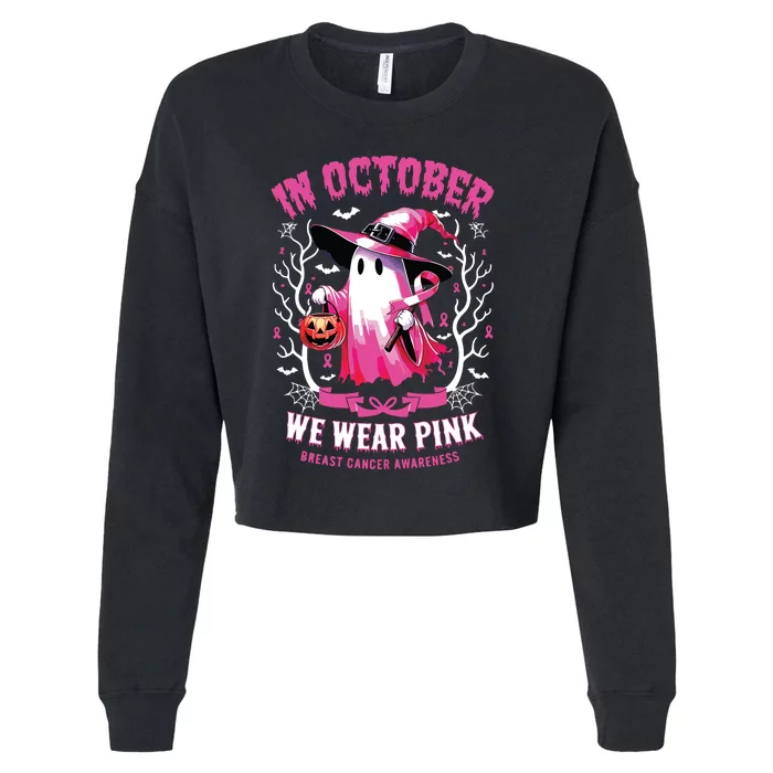 In October We Wear Ghost Witch Breast Cancer Awareness Cropped Pullover Crew