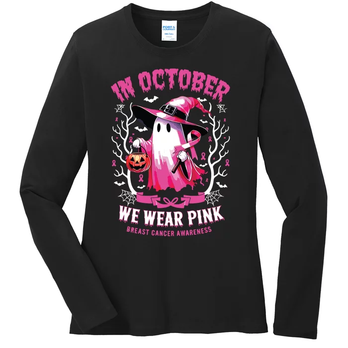 In October We Wear Ghost Witch Breast Cancer Awareness Ladies Long Sleeve Shirt