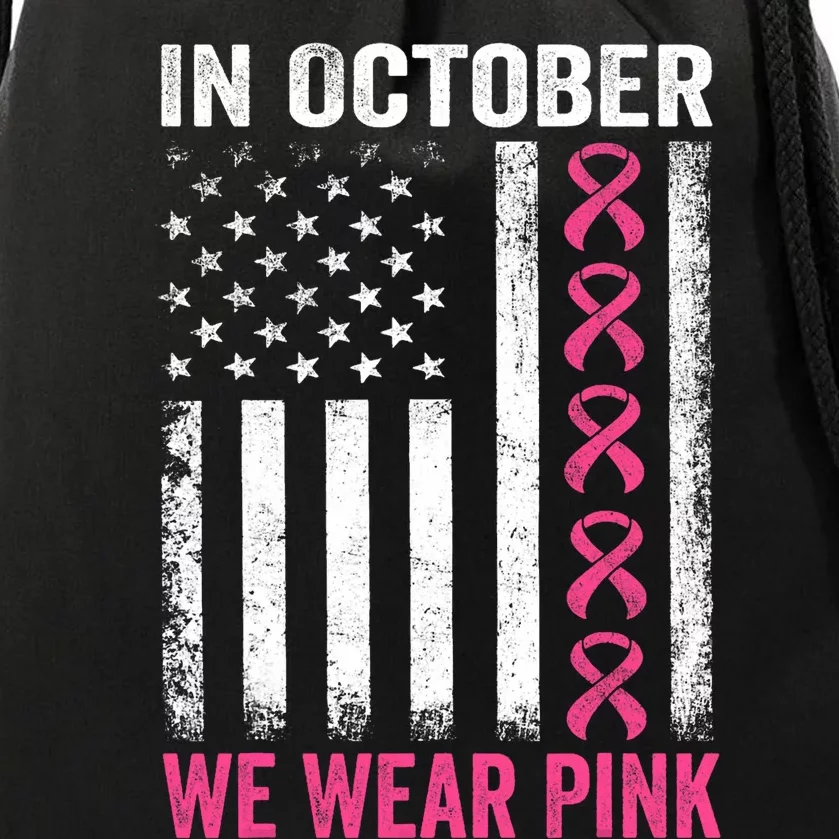 In October We Wear Us Flag Breast Cancer Awareness Drawstring Bag