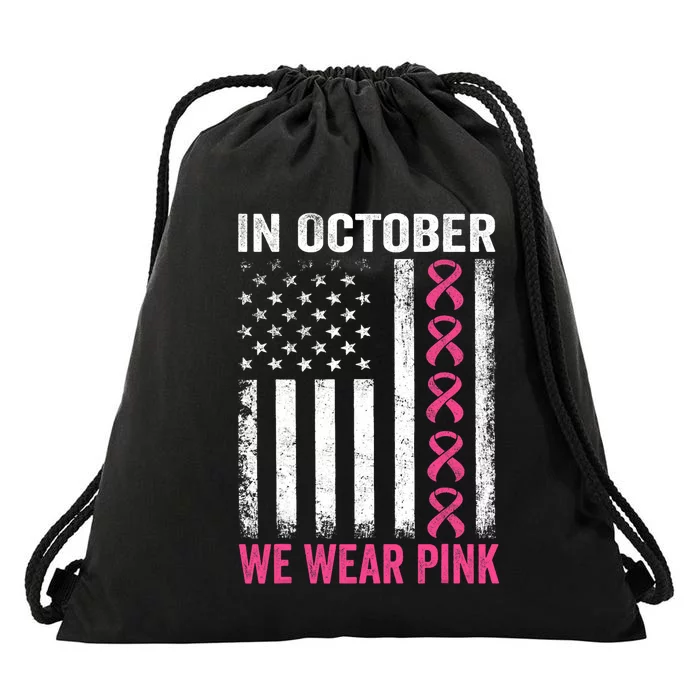 In October We Wear Us Flag Breast Cancer Awareness Drawstring Bag