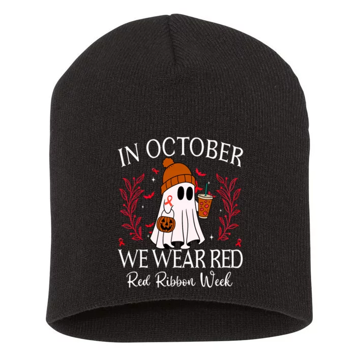 In October We Wear Red For Red Ribbon Week Awareness Short Acrylic Beanie