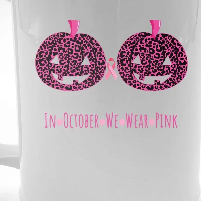 In October We Wear Pumpkin Leopard Print Bra Halloween Vneck Front & Back Beer Stein