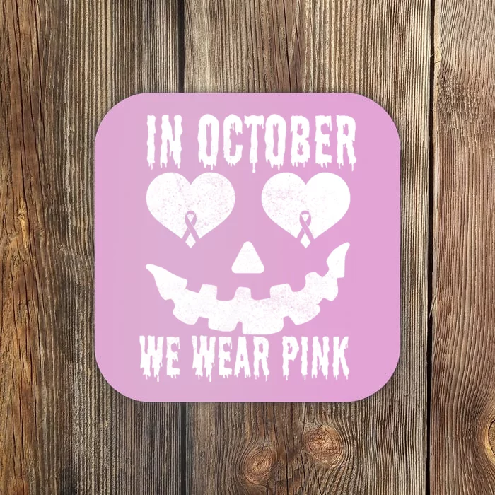 In October We Wear Pink Breast Cancer Jackolantern Halloween Coaster