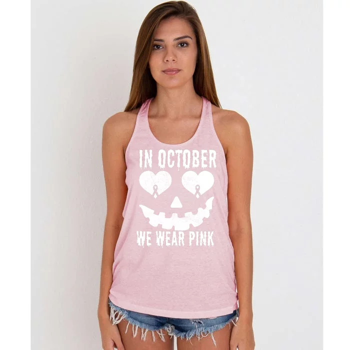 In October We Wear Pink Breast Cancer Jackolantern Halloween Women's Knotted Racerback Tank