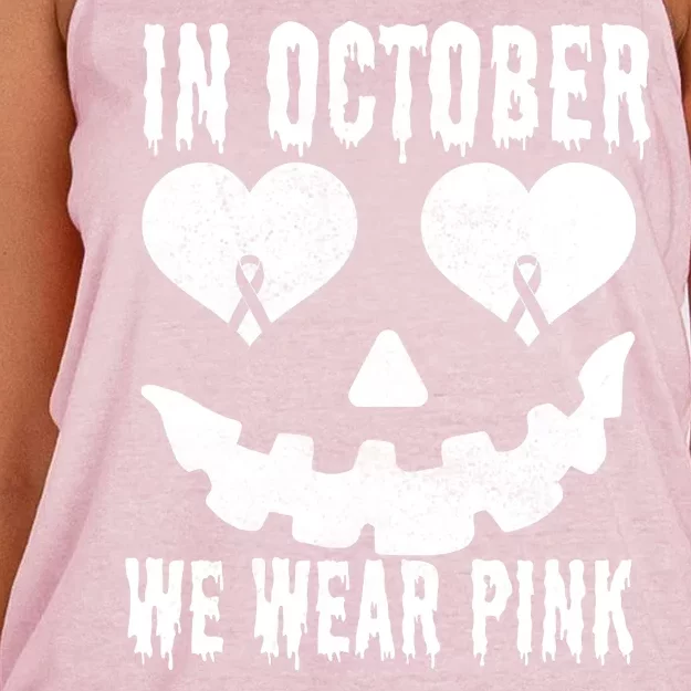 In October We Wear Pink Breast Cancer Jackolantern Halloween Women's Knotted Racerback Tank