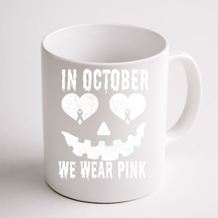 In October We Wear Pink Breast Cancer Jackolantern Halloween Front & Back Coffee Mug