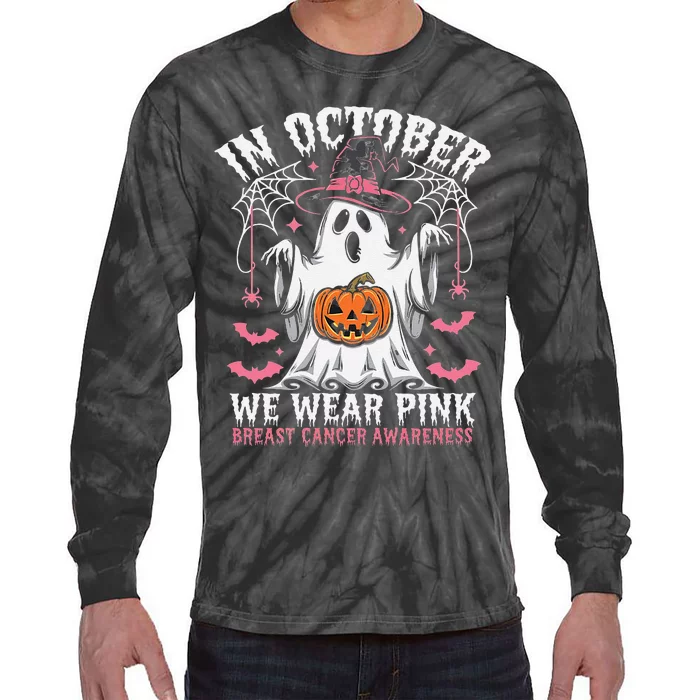 In October We Wear Pin.K Ghost Witch Breast Cancer Awareness Tie-Dye Long Sleeve Shirt