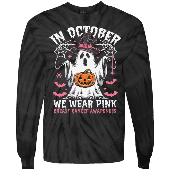 In October We Wear Pin.K Ghost Witch Breast Cancer Awareness Tie-Dye Long Sleeve Shirt