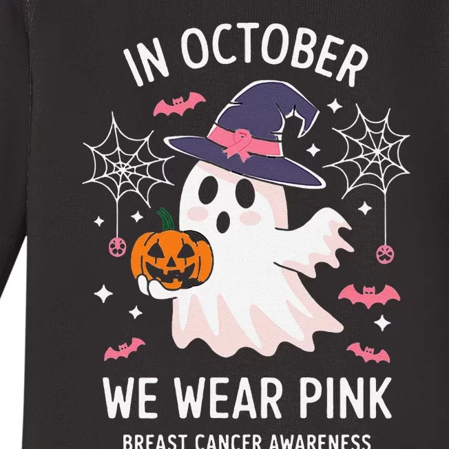 In October We Wear Pin.K Ghost Witch Breast Cancer Awareness Baby Long Sleeve Bodysuit