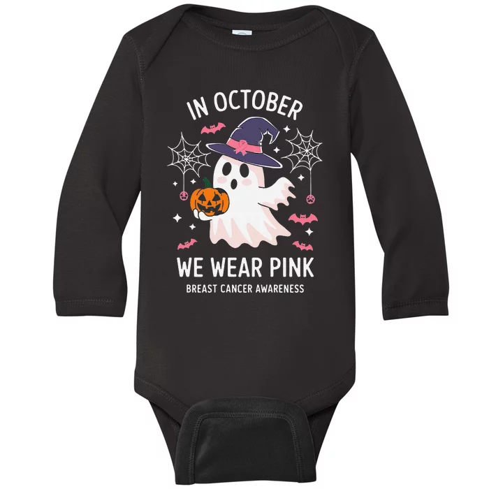 In October We Wear Pin.K Ghost Witch Breast Cancer Awareness Baby Long Sleeve Bodysuit