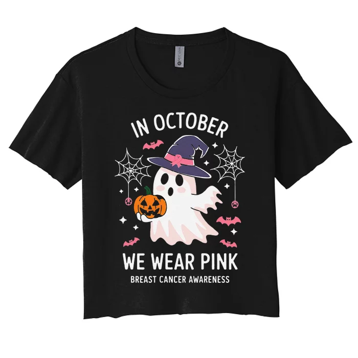 In October We Wear Pin.K Ghost Witch Breast Cancer Awareness Women's Crop Top Tee