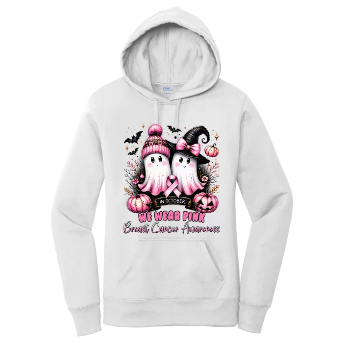 In October We Wear Ghost Witch Breast Cancer Awareness Women's Pullover Hoodie