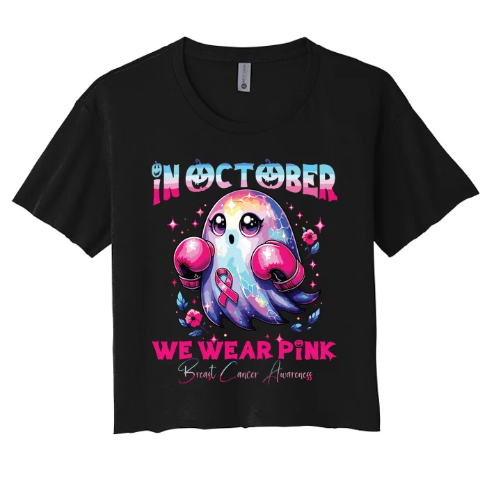 In October We Wear Ghost Witch Breast Cancer Awareness Women's Crop Top Tee