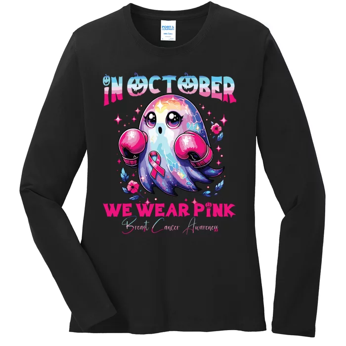 In October We Wear Ghost Witch Breast Cancer Awareness Ladies Long Sleeve Shirt